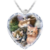 heart shaped glass white crystal cute animal cat pattern pendant necklace womens necklace fashion accessories
