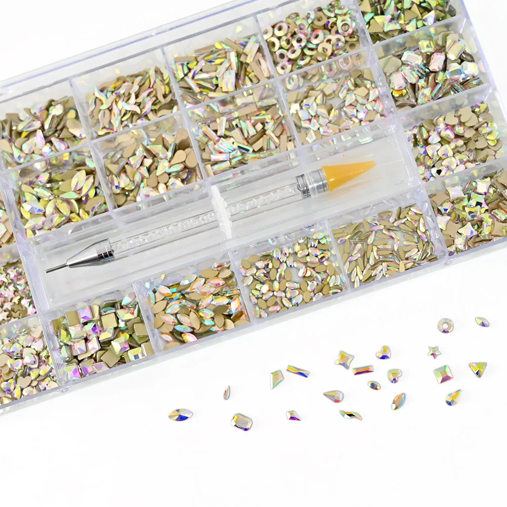 

2000PC 20 Shape (Each 100pcs) Top CRYSTAL AB Mixed Shaped Flatback Nail Art Rhinestone With 1PC PEN Pick Up Rhinestone In Box *