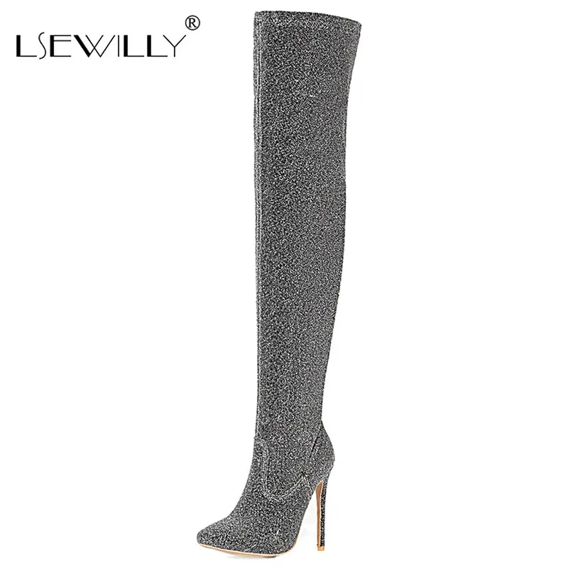 

Lsewilly 2020 Sliver Over The Knee Boots Stiletto Heels Pointed Toe Black Long Boots Cool Nightclub Dress Party Shoes