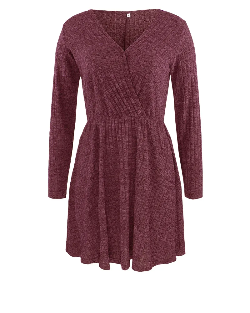 

Women V Neck knitted Dress 2021 Autumn Winter Elastic High Waist Office Lady Short Dresses Casual Long Sleeve Solid A-Line Dress
