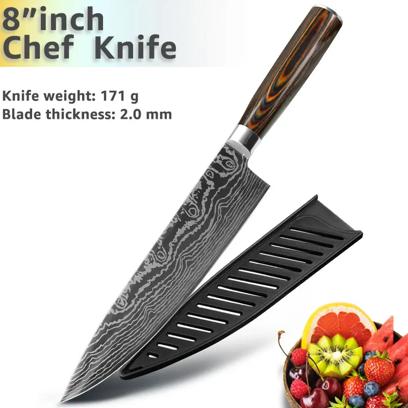 8inch Chef knife Кухонный нож 8 дюймов, японские ножи шеф-повара 7CR17 440C из высокоуглеродистой нержавеющей стали, дамасский чертежный универсальный набор сантоку, Кливер - Цвет: 8inch Chef knife