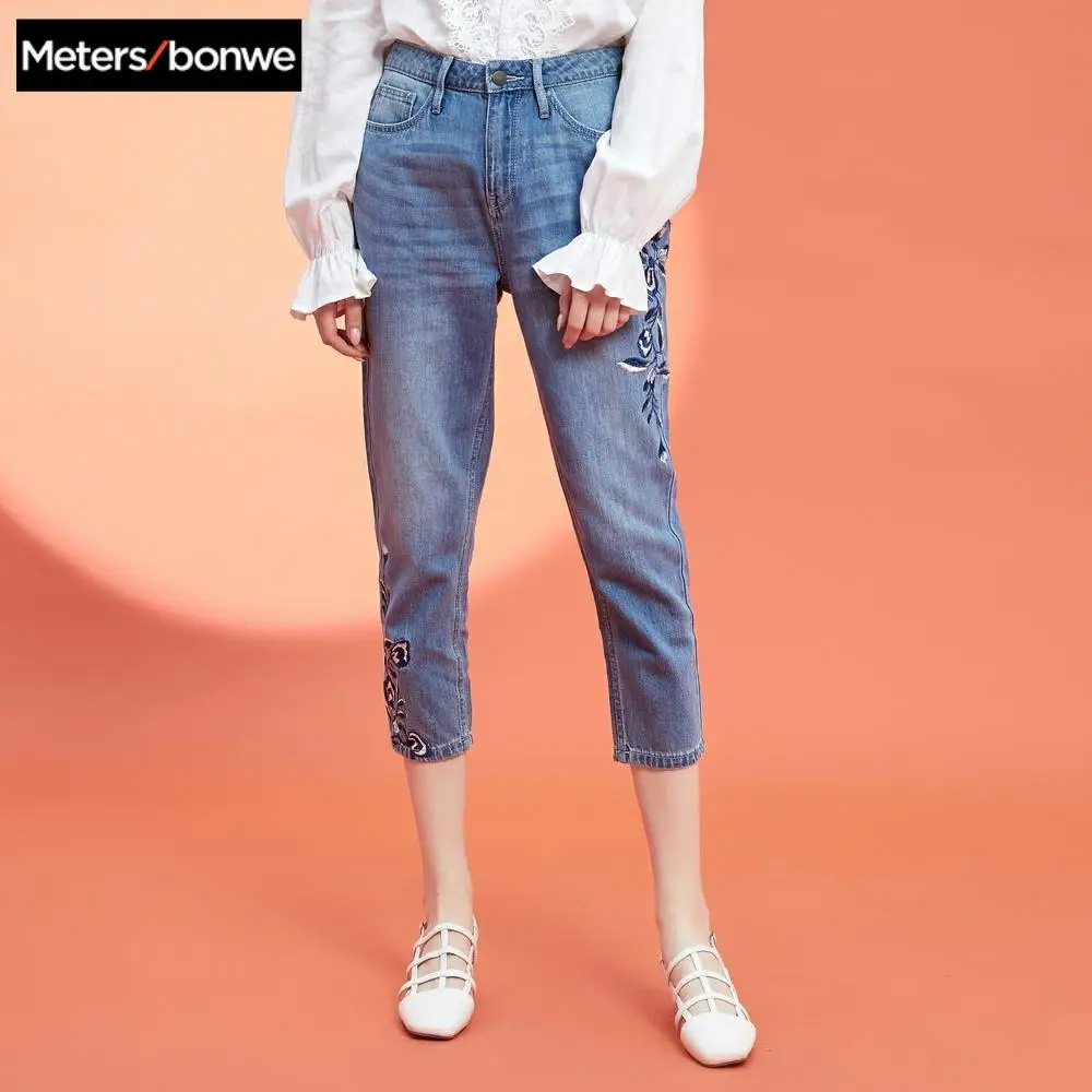 Женские джинсы с вышивкой Metersbonwe синие джинсы-карандаш повседневные высокого