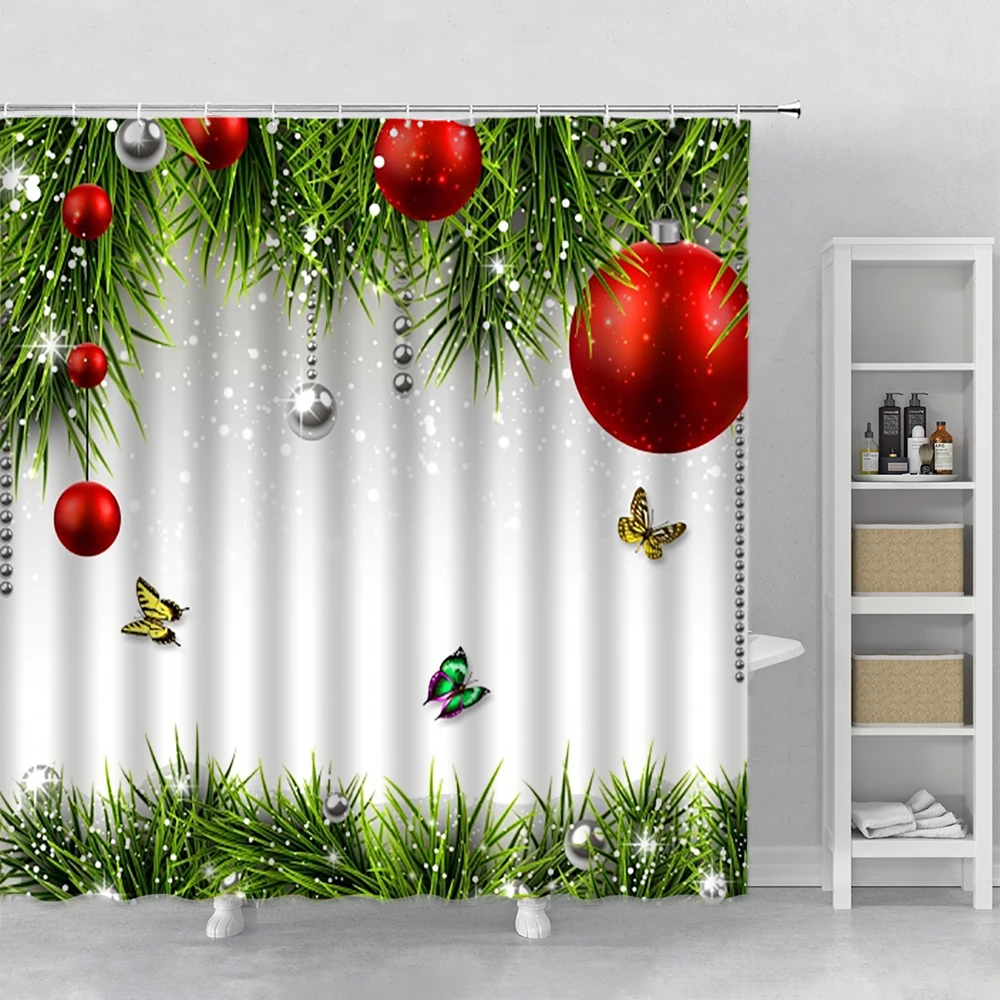 

Christmas Shower Curtains Red Rope Ball Butterfly Santa Claus Snowman Festival Decor Background Cloth Bathtub Screen With Hooks