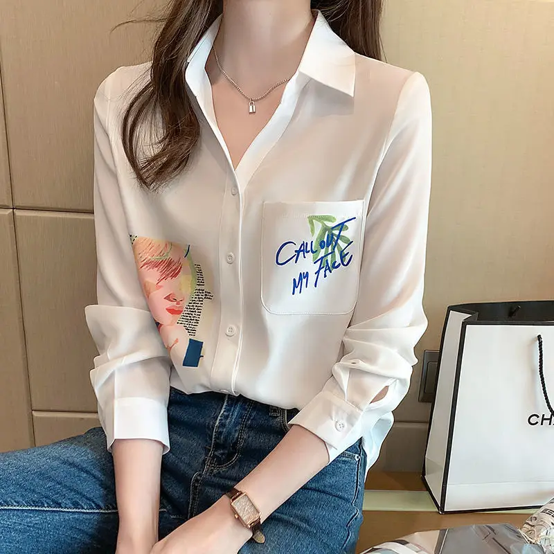 

2021 New Fashion Brand Women shirt Spring All-match Long sleeve Chiffon Top Letter Printed Casual Shirts Plus Size Female Blouse