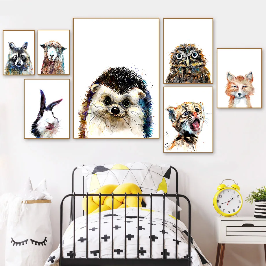 Кролик лиса Сова енот гепард акварельный стиль настенная живопись холст