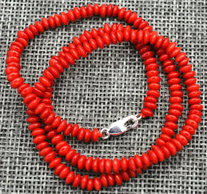 

New 2x4mm Natural red coral Abacus Gems Necklace 18" Silver clasp
