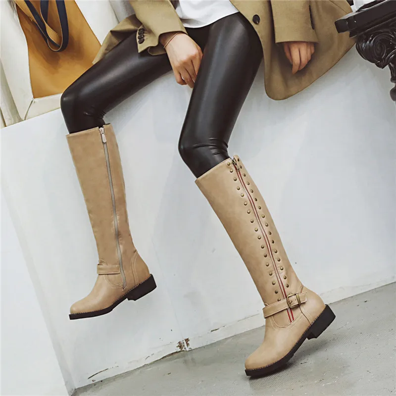 

MORAZORA 2020 new arrival knee high boots women pu round toe autumn casual shoes rivet zip buckle low heels shoes woman