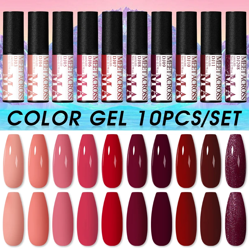 

MEET ACROSS 10pcs Spring Color Gel Nail Polish Kit Semi Permanent Uv Varnish Base Top Coat Nail Art Polish For Manicure Set