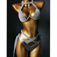 2021 fashion sexy halter glitter rhinestone swimsuit push up solid unpadded wire free cross adjustable bandage women bikini set