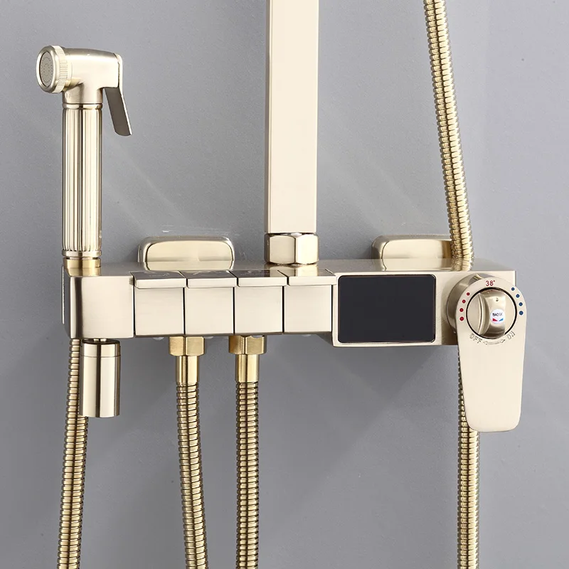brushed gold thermostatic piano shower set quality brass waterfall bathroom mixer faucets wall rainfall digital shower mixer set free global shipping