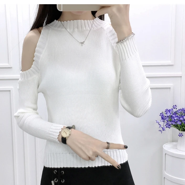 Женский свитер с открытыми плечами TingYiLi Осенний вязаный пуловер длинным рукавом