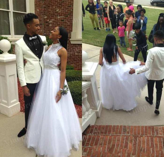 

High Quality A-Line Scoop Floor-Length Backless White Tulle Wedding Dress with Beading Custom Made Bridal Gown