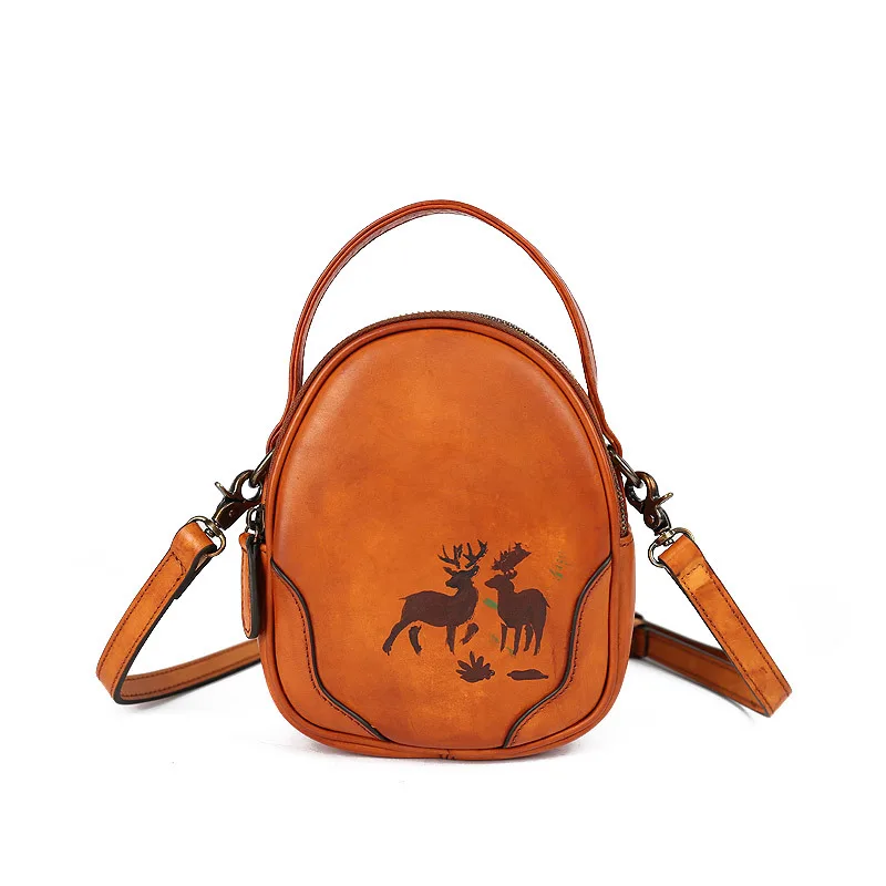 

Women's bag leather retro head leather small round bag color contrast new double zipper leisure large capacity mobile phone bag