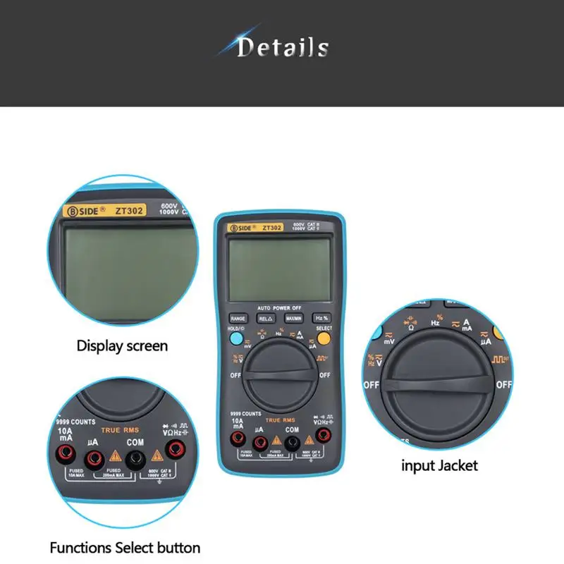 

BSIDE Multimeter 9999 Counts True RMS AC/DC Voltage ZT302 Digital LCD ABS Multimeter Temperature Capacitance Tester