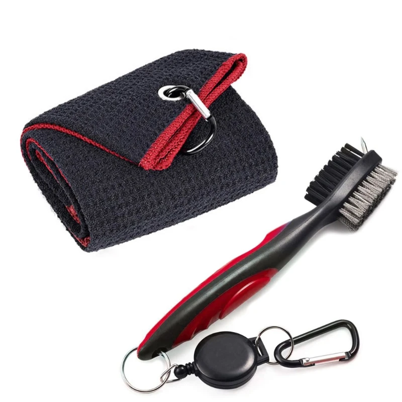 

Golf Club Brush and Towel Kit Cleaner with Loop Clip for Hanging on Golf Bag T4MF