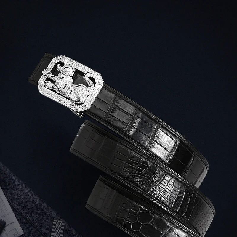 McParko Crocodile Belt Mens Leather Belts With Buckle Luxury Animal Design Genuine Leather Waist Belt with rhinestones Buckle