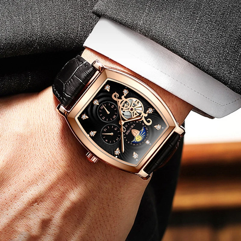 

TEVISE Tourbillon Mens Watch Top Brand Luxury Belt Watch Men Automatic Mechanical Wristwatch Skeleton Sport Male Rose Gold Clock