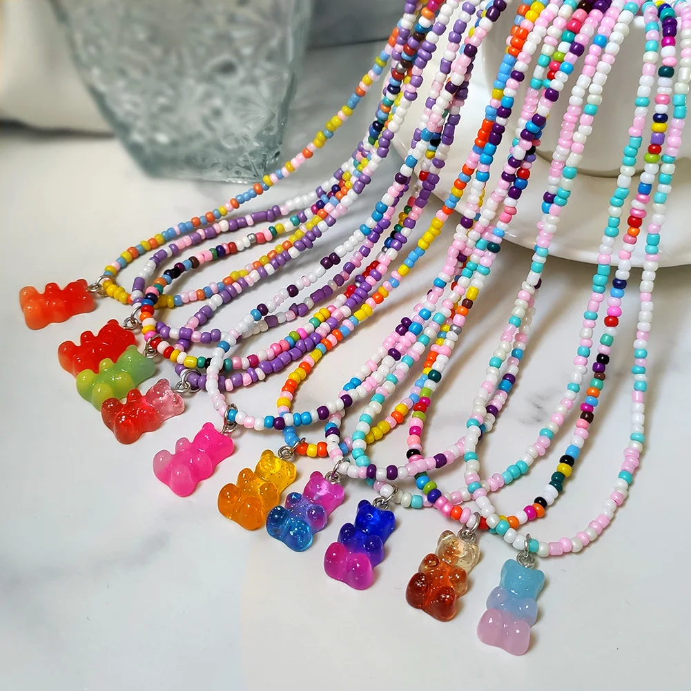 Новое корейское ожерелье с подвеской в виде мишки из жевательного бисера для