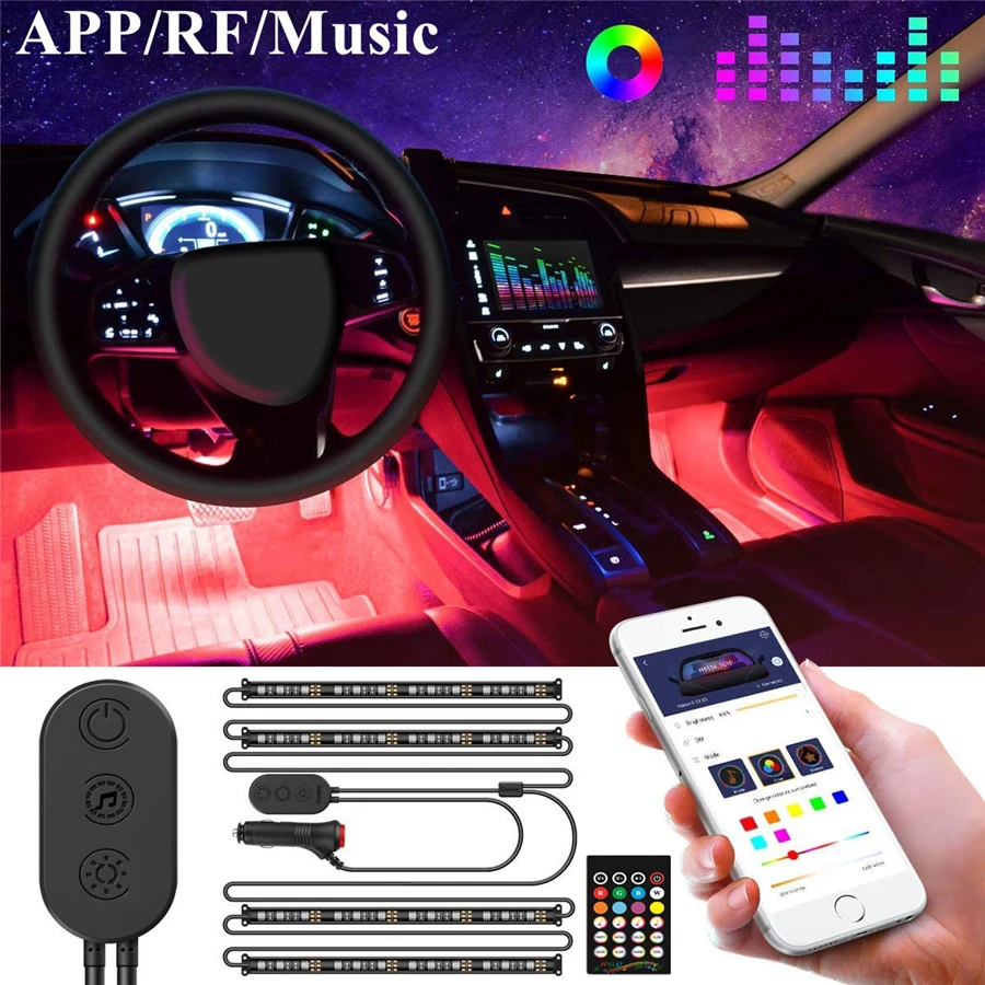 

4 шт. 12В интерьер автомобиля RGB Светодиодные полосы света контроллер украшения Аксессуары