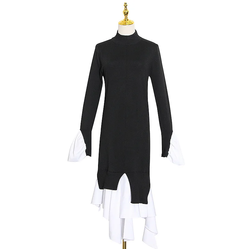 

The new fashion women's irregular white-edged knit round neck long sleeve dress women's tide