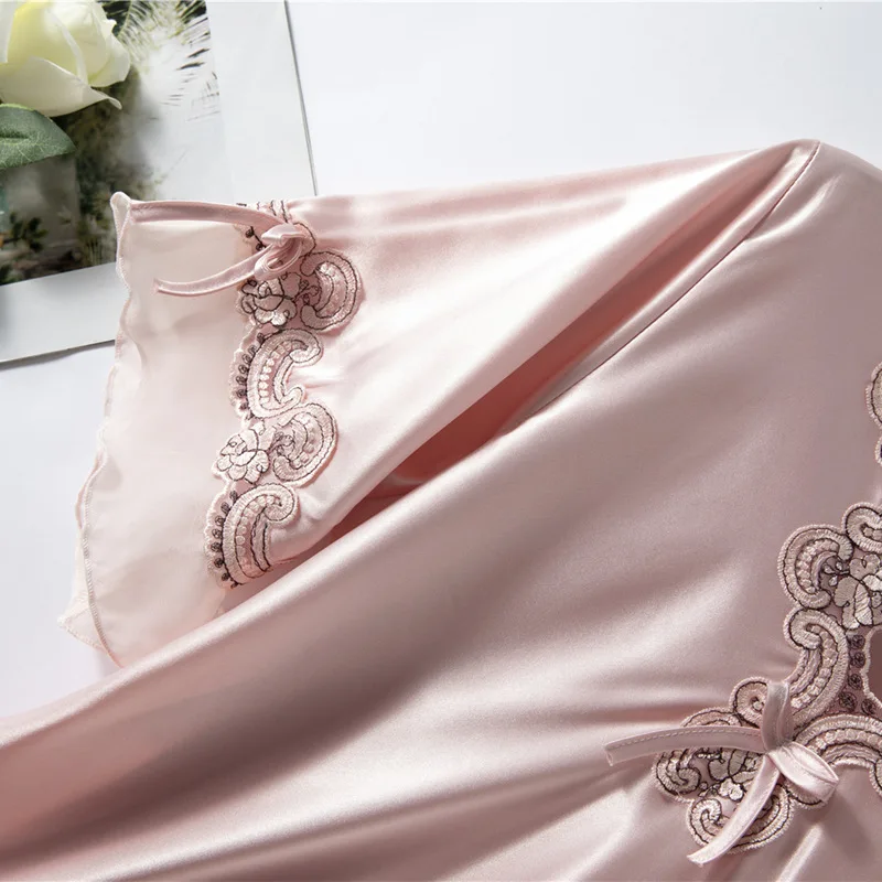 

V-Neck Nightgown Summer Lady Sleepdress Satin Lace Kimono Dressing Gown Sleepwear With Bow Nightwear Comfy Intimate Lingerie