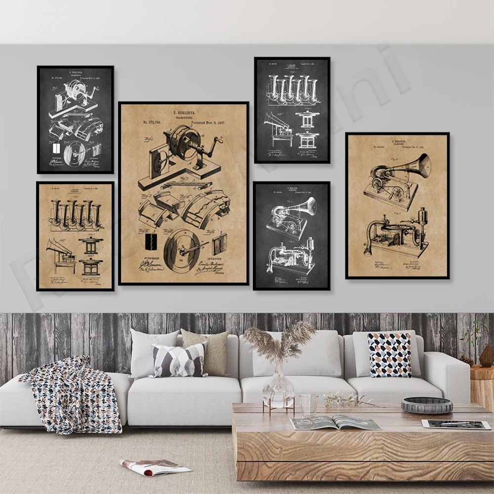 

Patented prints of vintage gramophones, vintage gramophones, high-fidelity audio art, music room decoration, blueprint poster pr