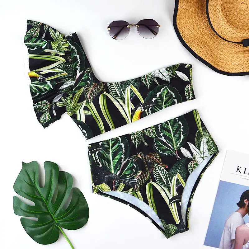 

YMYW One Shoulder Bikini Set 2021 Sexy Ruffle Swimwear Women Swimsuit High Waist Bathing Suit Beachwear Red Print Biquini female