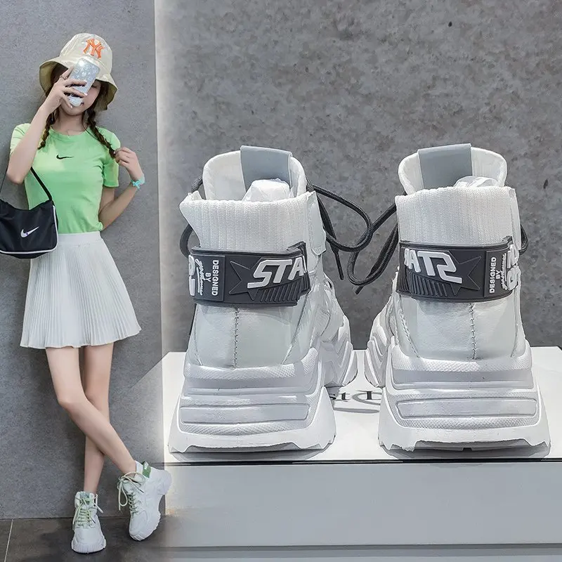 

women 2020 spring and autumn new high-top fly woven mesh breathable tide shoes thick bottom casual sports shoes
