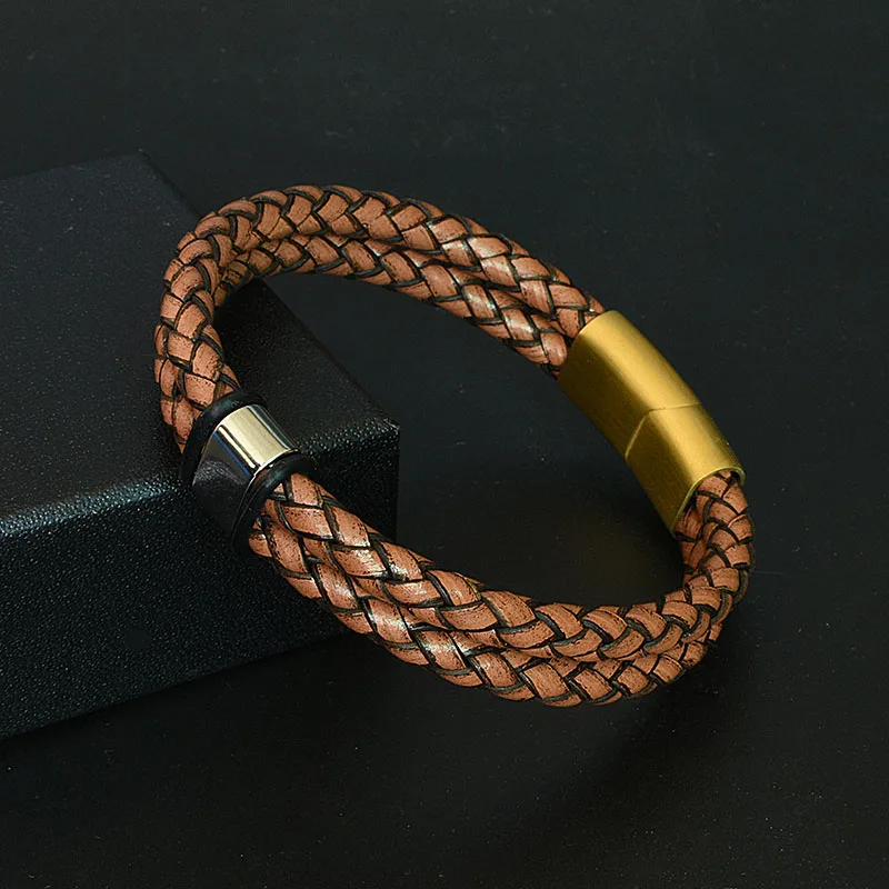 Модный кожаный мужской браслет из нержавеющей стали двухслойные браслеты с