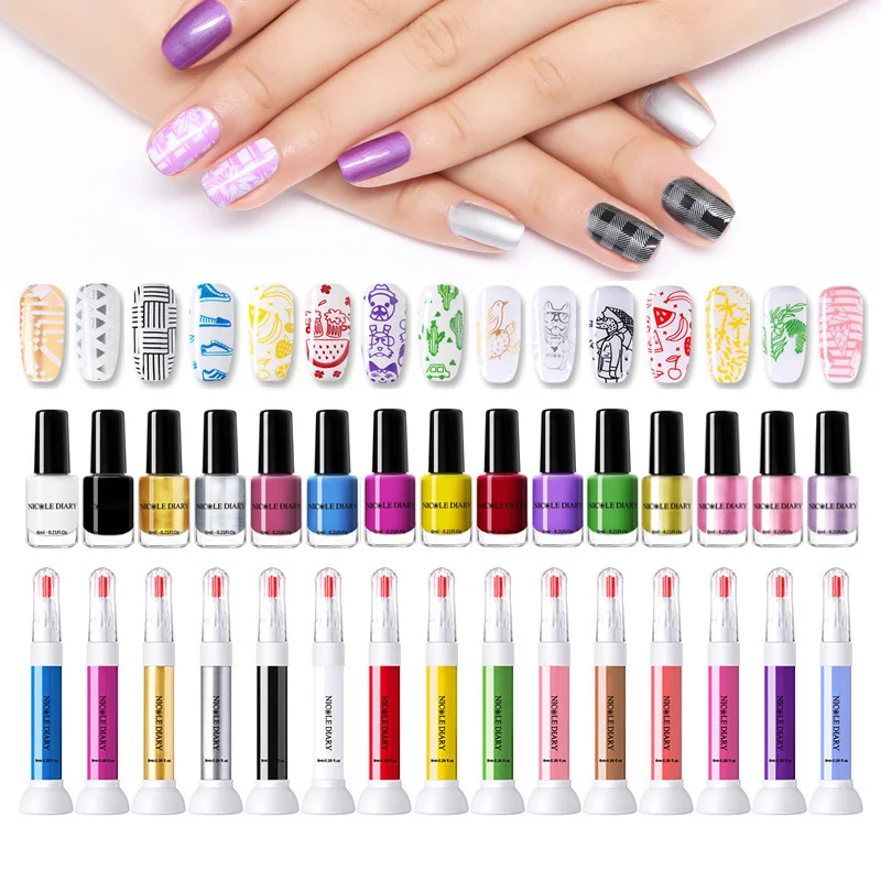 Лак NICOLE DIARY для стемпинга ногтей 6 шт. в комплекте лак черные золотые серебряные