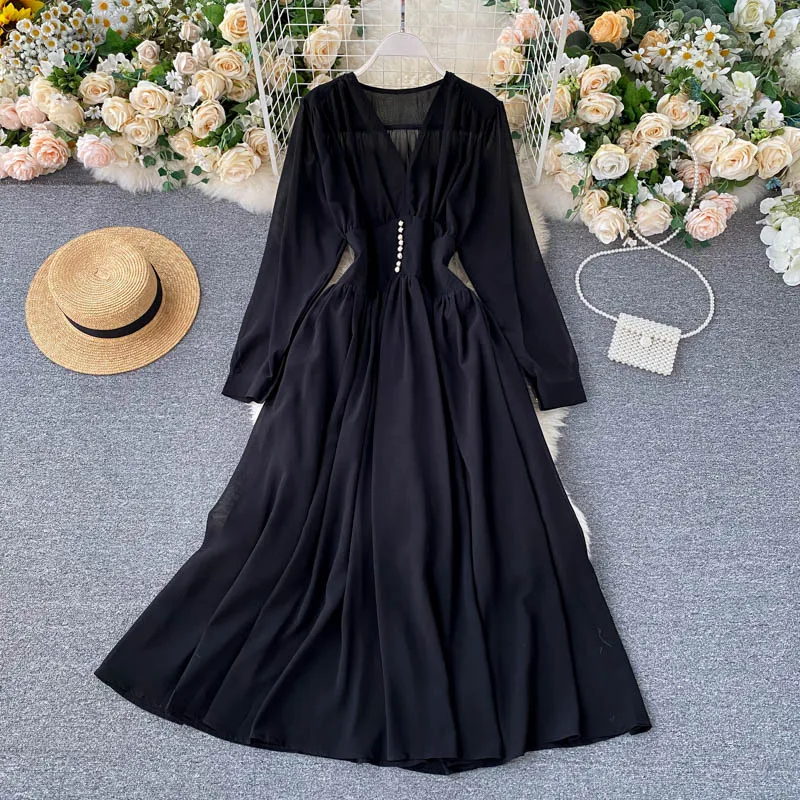 

Dresses Women Sexy V-neck A-line Femme Vestidos Solid Color Chic Beading Slim Waist Dress 2020 Autumn New Big Swing