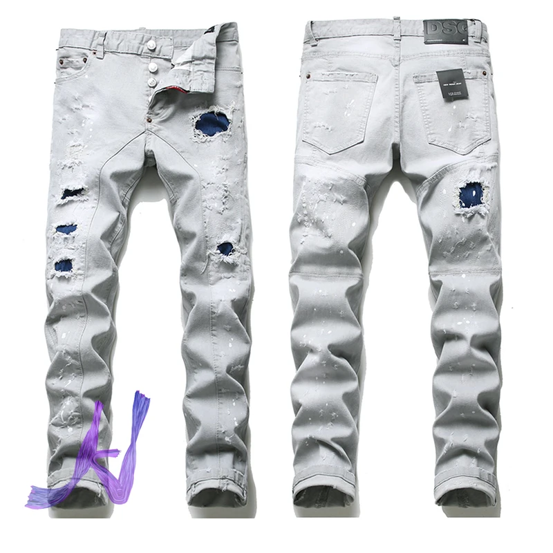 

White DSQ2 Damage Hole Jeans Mens Street Wear High Quality Stretch Casual Dsquared2 Denim Pants