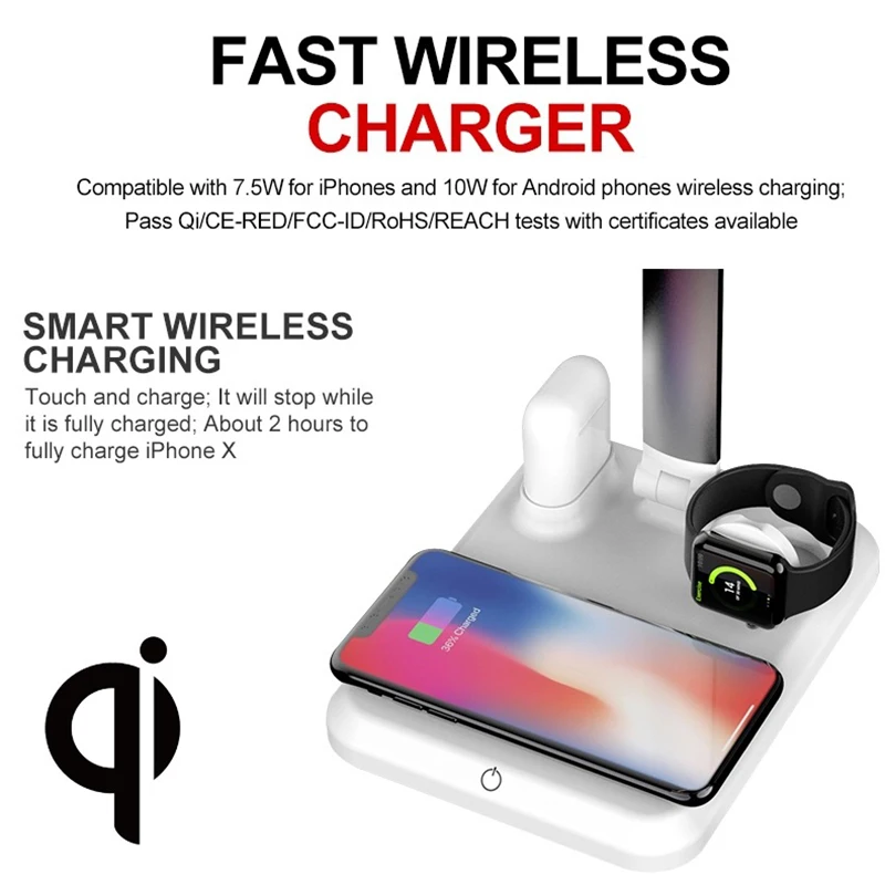 

4 In 1 LED Desk Lamp Fast Wireless Charger Adjustable Angle Charging Table Bedside Night Light Best Price