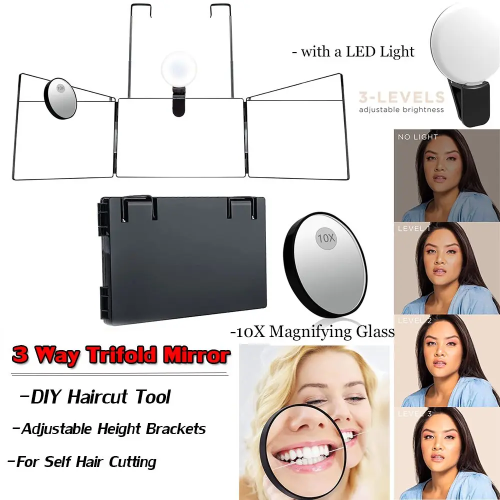 

Styling 10 X magnifying glass With a LED Light For Self Hair Cutting 3 Way Mirror 3 Way Trifold Mirror Trifold Mirror