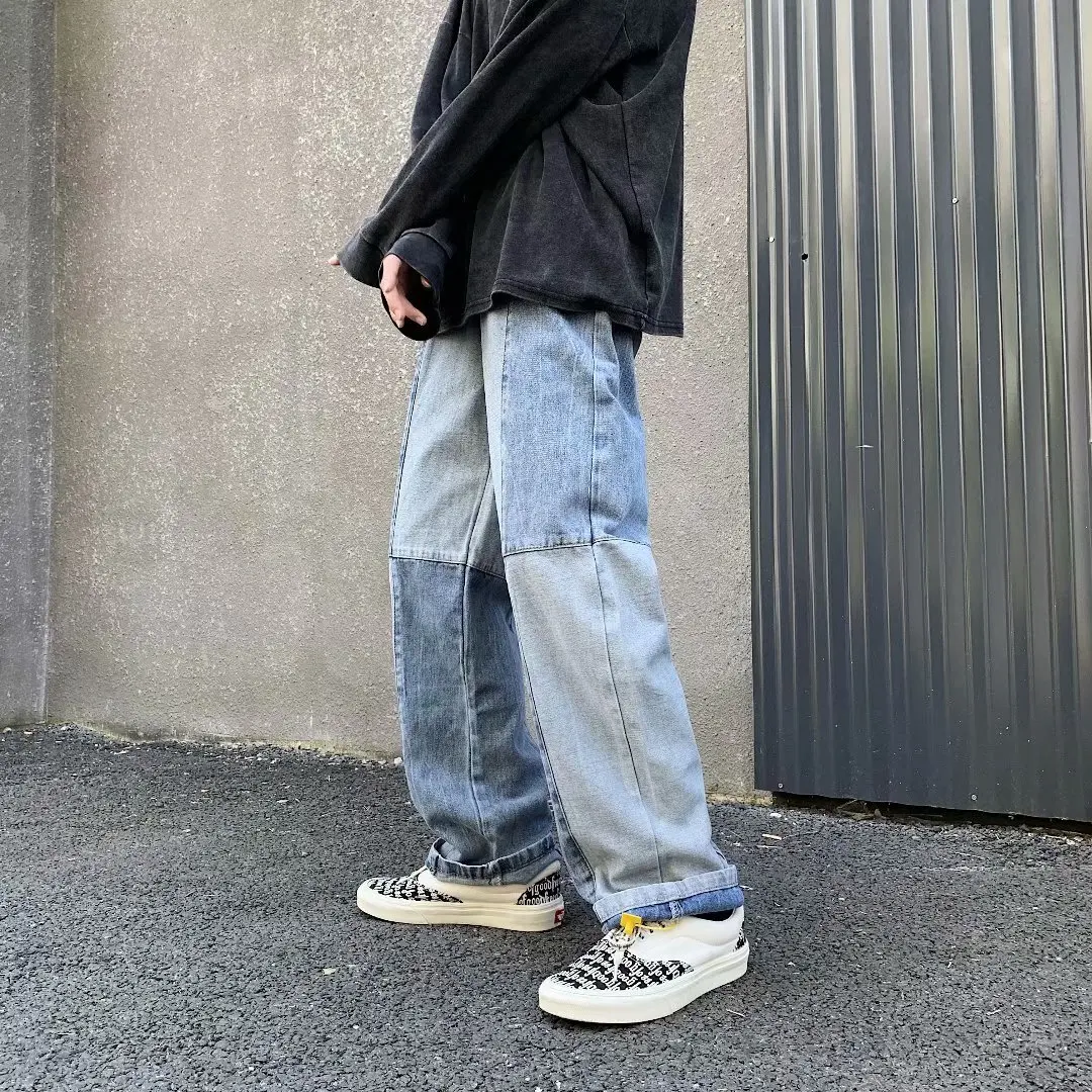 Men Wash Splice Casual Straight Beggar Patch Patchwork Jeans Trousers Male Fashion Streetwear Harajuku Loose Hip Hop Denim Pants