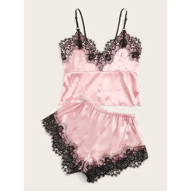 

Summer New Arrival Sexy Lady's Short Sling Pink Pajamas Black Lace Underwear Two-Piece Silk Stain Suit
