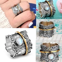 bohemian ethnic two tone moonstone ring pattern craved metal ring for women party wedding vintage jewelry