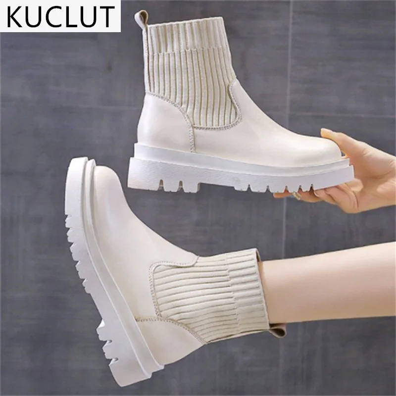 

2021 Autumn New Knitted Set Feet Casual Women's Ankle Boots Outdoor Comfortable Platform Pu Leather Round Head Women's Shoes