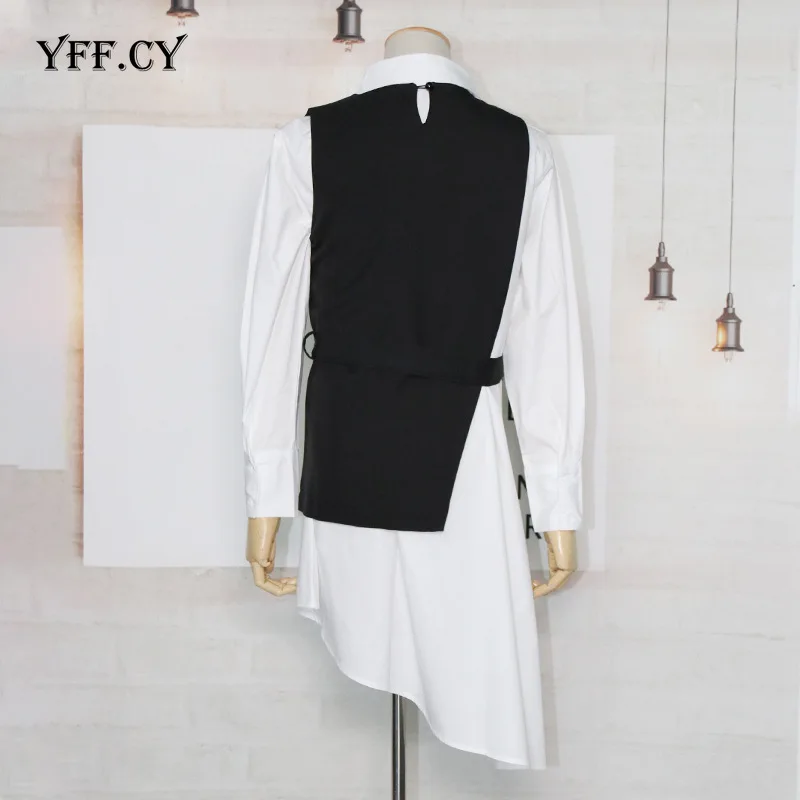 De las mujeres de la moda Streetwear de dos piezas cuello asimétrica de cintura alta, vestido de camisa de manga larga chaleco negro chaleco traje de mujer ropa