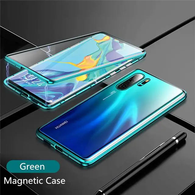 360 Полный Магнитный чехол для телефона для huawei P30 Pro mate 20 Pro 20X P20 двусторонний стеклянный металлический бампер Honor 20 Pro Nova 3 4 5 Чехол - Цвет: Зеленый