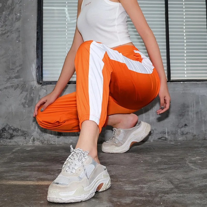 

Casual Patchwork Pencil Pants High Waist Buckle Belt Trousers Women Orange Zipper Pocket Sweatpants and Joggers Fitness