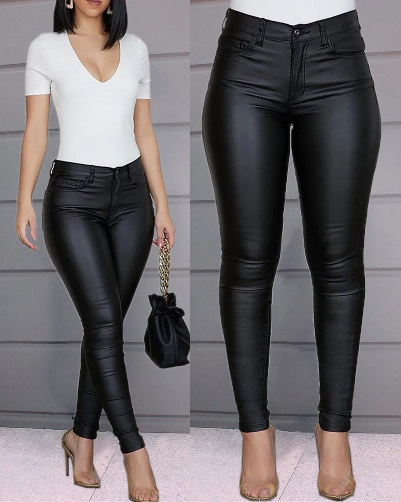 

Solid Trousers Buttoned Casual Coated PU Pants Women Skinny Pencil Pants