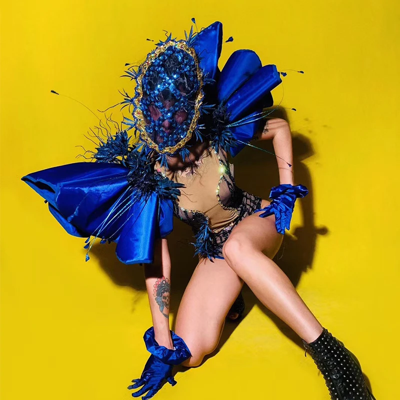 

Stage Costumes Women Nightclub Performance Clothing Mysterious Face Mask Blue Sequins Bodysuit Rave Outfit Party Wear DN5988-2