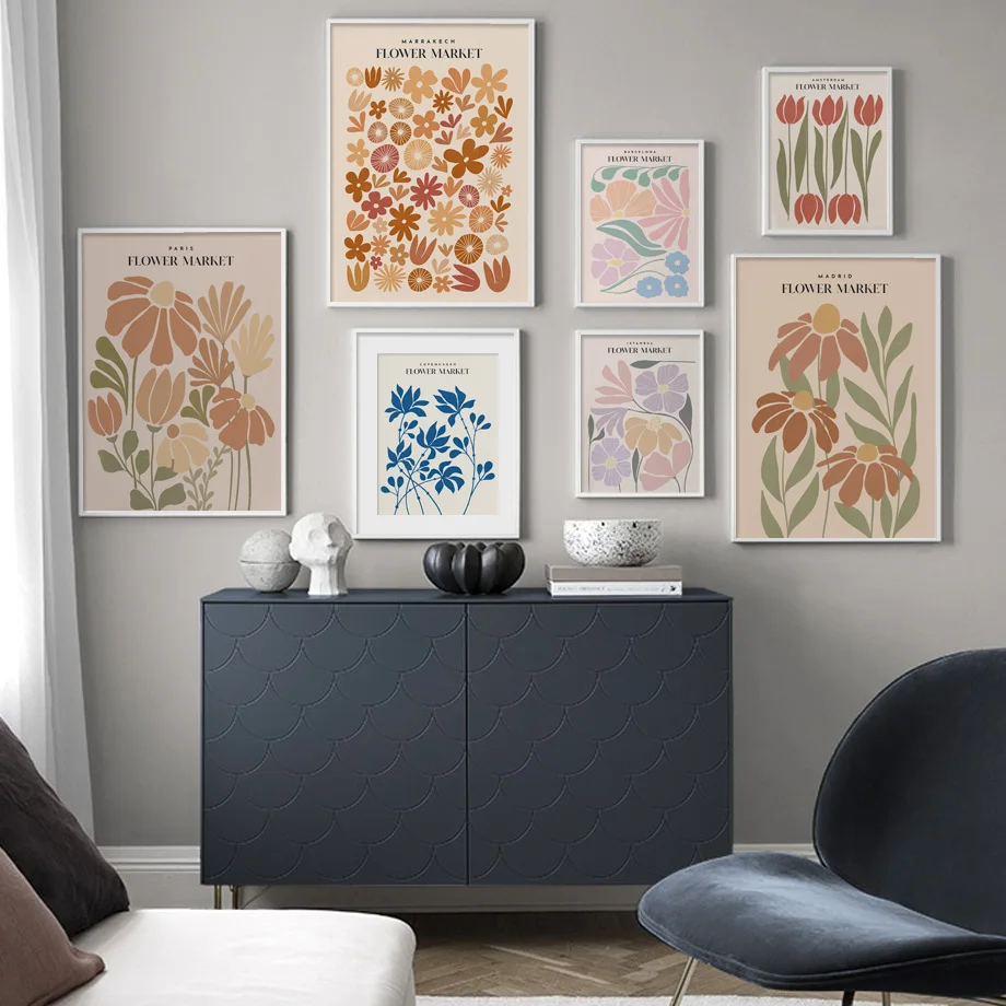 

Abstract Flower Market Vintage Canvas Painting Art Nordic Posters and Prints Wall Pictures for Living Room Decoration Frameless