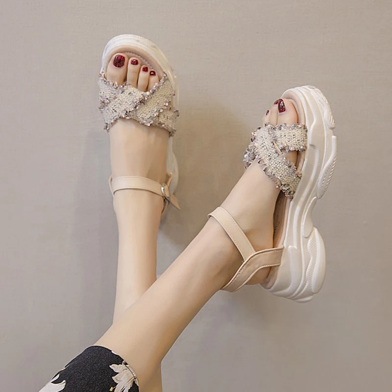 

High Heel Sandal for Women 2021 Summer Med Beach Shoes All-Match Cross-Shoes Suit Female Beige Clogs Wedge High-heeled Sports Co