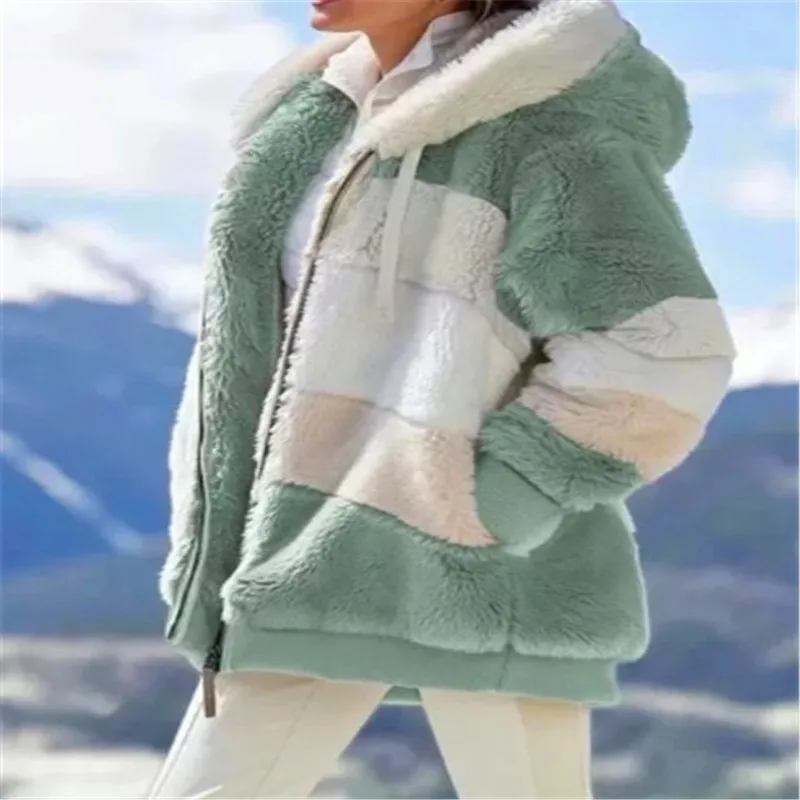 

Winter Women's Coat Fashion Casual Stitching Plaid Ladies Clothes Hooded Zipper Ladies Coat Cashmere Women Jacket