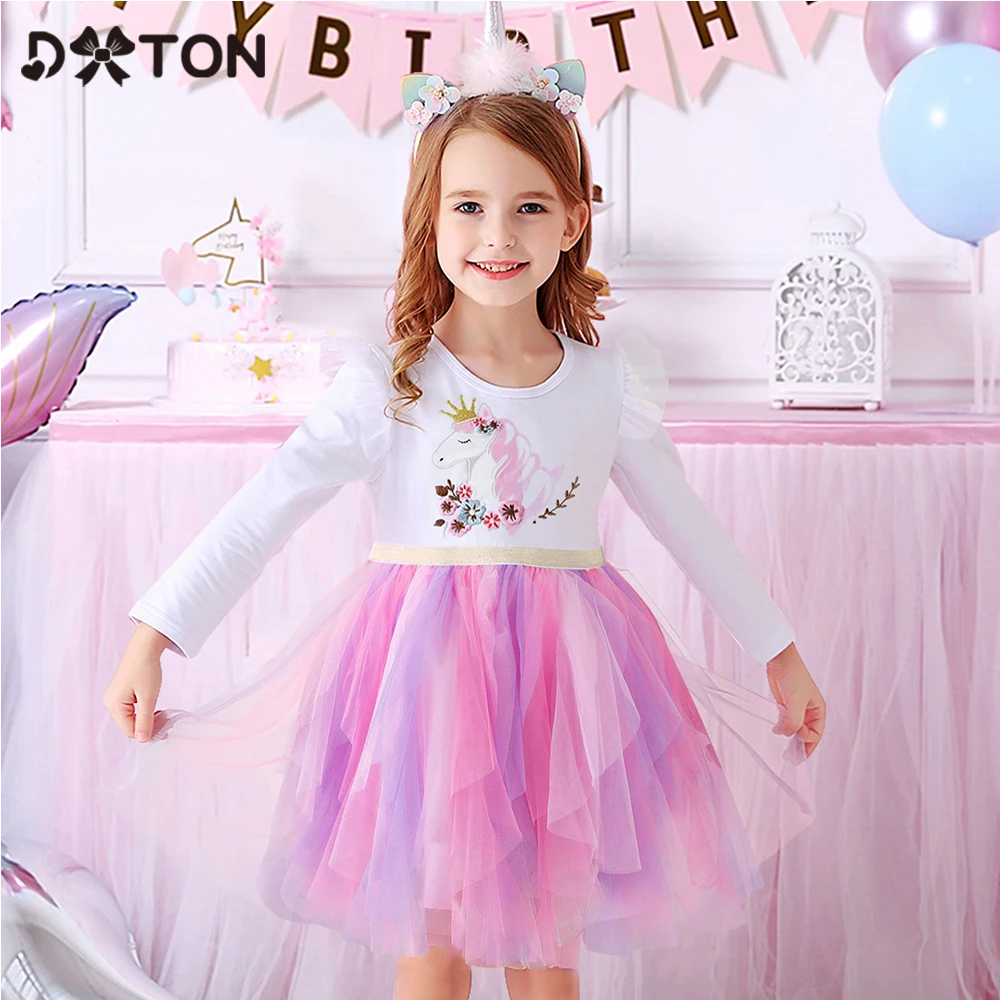 DXTON-vestidos de princesa para ni&ntilde;as, tut&uacute; Irregular, ropa de unicornio, apliques florales, vestido de fiesta de cumplea&ntilde;os-0