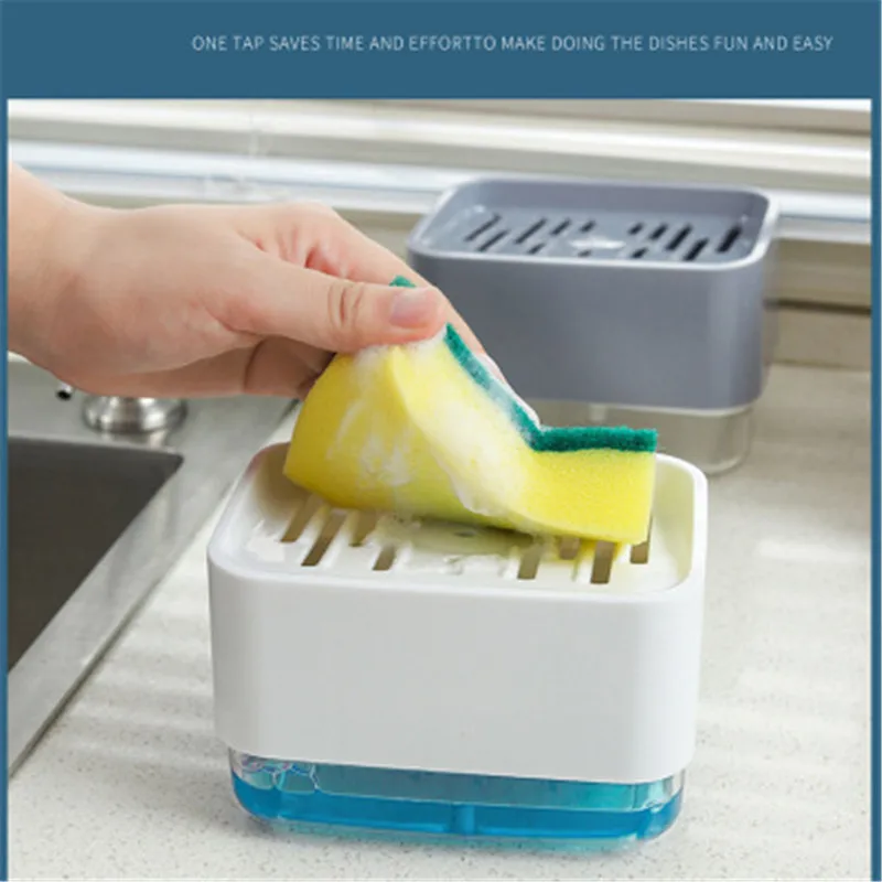 

New creative kitchen manual push type soap dispenser with washing sponge kitchen brush pot cleaning push type soap storage box