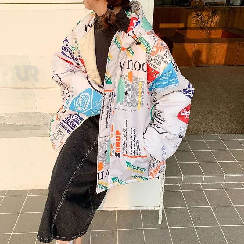 

Casul Looes Hooded Cotton Padded Coat Women Korean Style Printing Puffer Jacket Fashion Street Parka Winter Thicken Warm Outwear