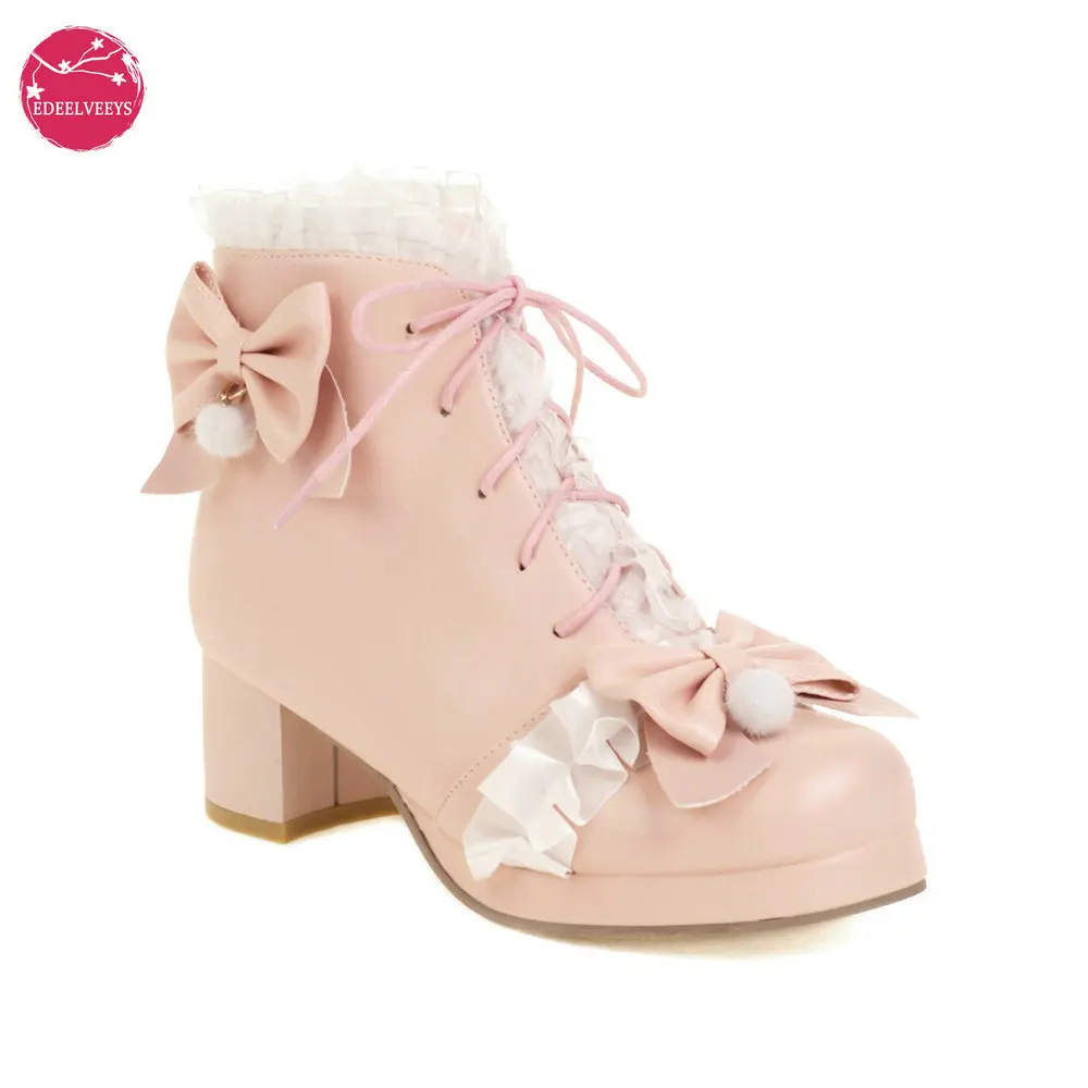 

Chunky High Heel Lolita Shoes Butterfly-knot Cloth Plush Inner Women Cosplay Princess Ankle Boots Winter Autumn Pink White Black